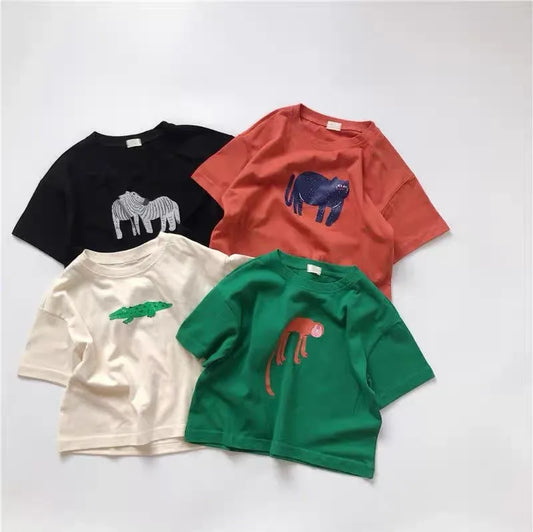 Summer Kids Cartoon Print Short Sleeve TShirt Boys And Girls Casual Fashion Cute Round Neck Tops Toddler Simple Versatile Tees