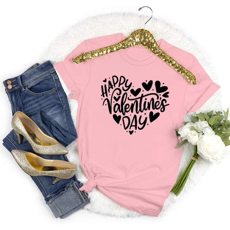 Happy Valentine's Day Crew Neck Short Sleeve T-shirt Women Heart Love Design Fashion Casual Tops Valentines Day Gifts T-shirts