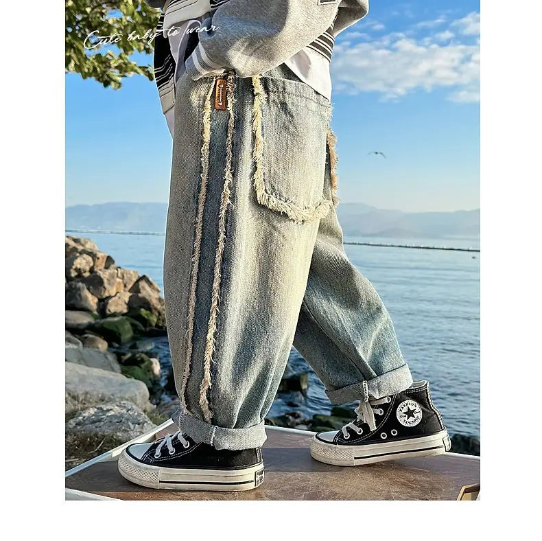 Spring Kids & Teens Streetwear Pants – Boys' Korean-Style Casual Straight-Leg Jeans with Elastic Waist