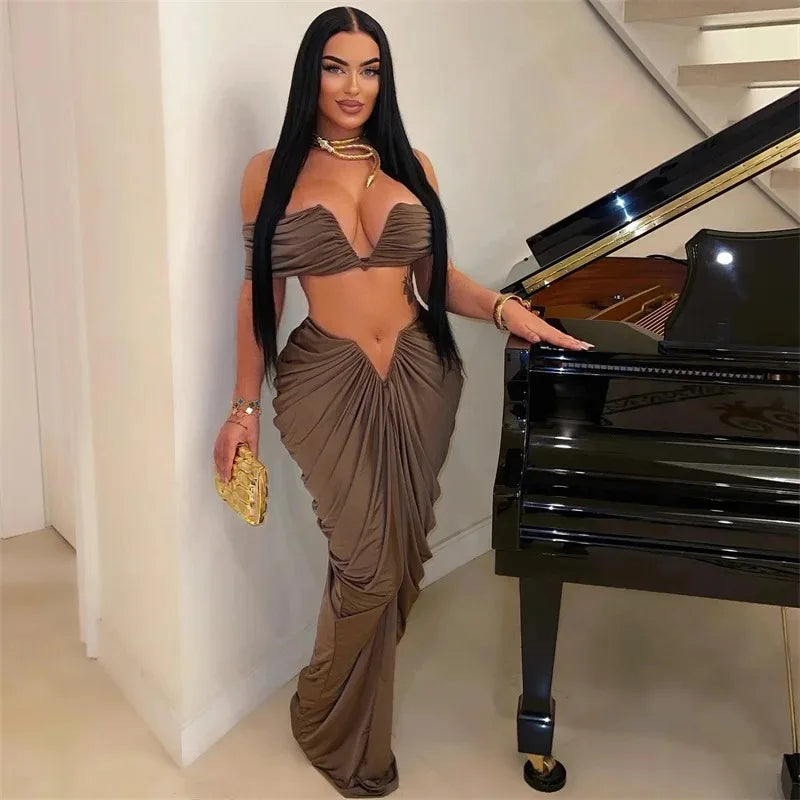 Party Night Ruched Maxi Dress Sets for Women Two Piece Set Sexy Club Outfits Slash Neck Crop Top + Long Skirt Matching Sets