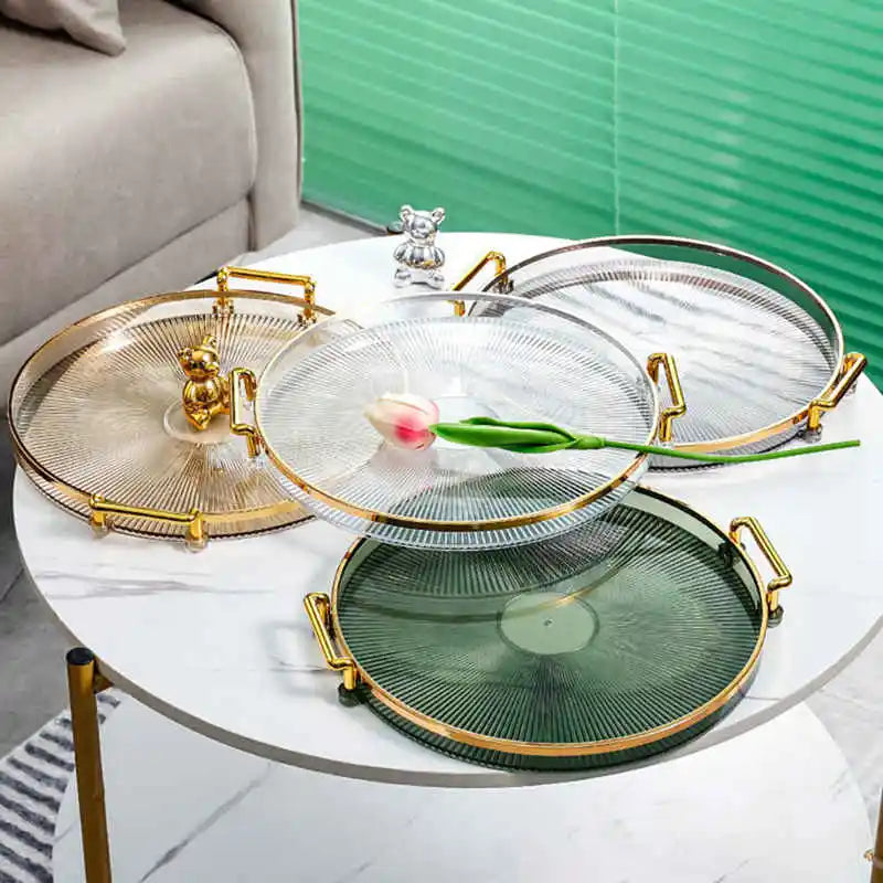 Tea Dessert Fruit Storage Tray Living Room Kitchen Dinner Plate with Golden Handle Household