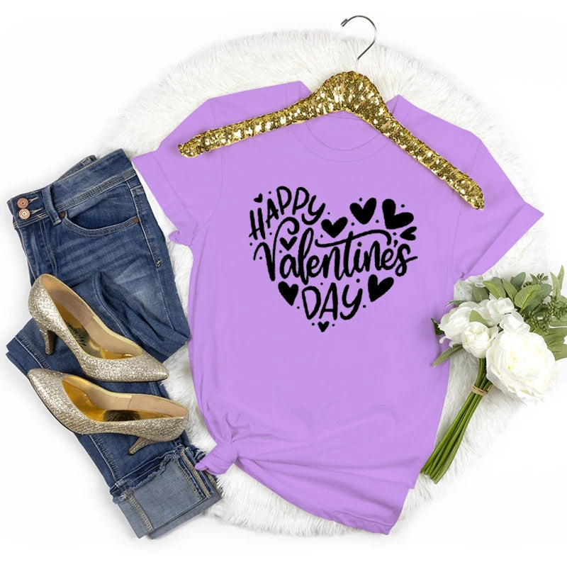 Happy Valentine's Day Crew Neck Short Sleeve T-shirt Women Heart Love Design Fashion Casual Tops Valentines Day Gifts T-shirts