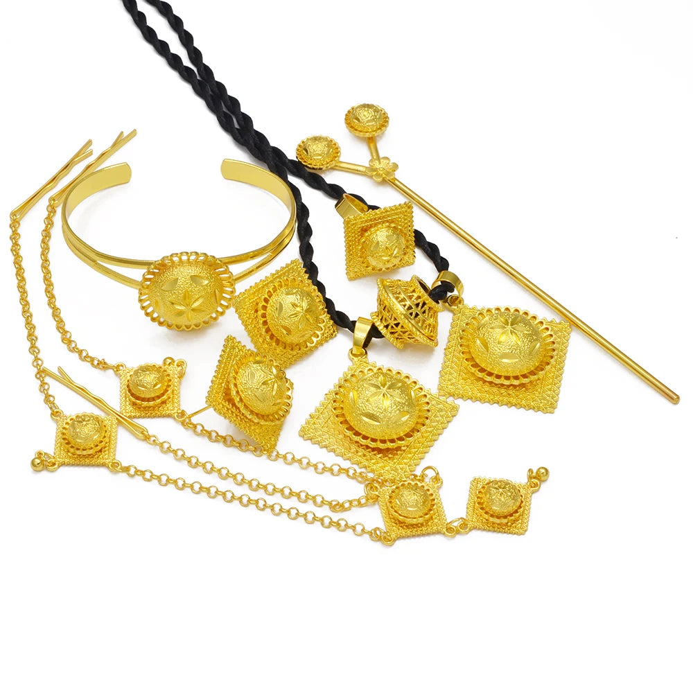 "African Wedding Jewelry Set – Ethiopian Eritrean Necklace, Earrings, Bracelet, Ring, and Hairpin for Women, Bridal or Engagement"