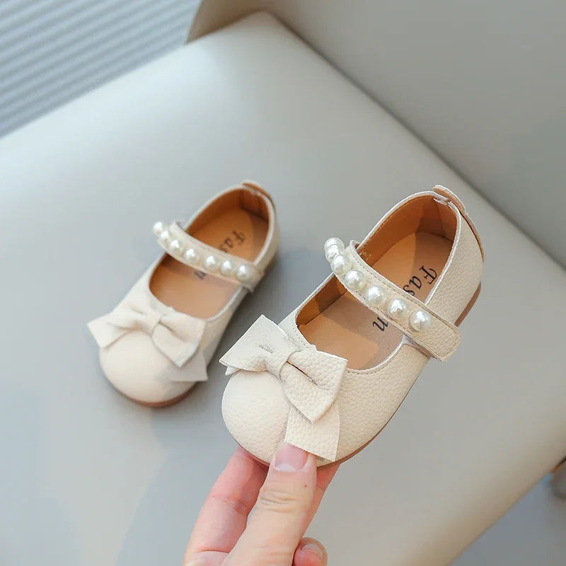 Baby Toddler Girls Party Shoes Leather Pearls Beaded with Butterfly-knot Kids Mary Janes PU Leather Soft Cute Flats