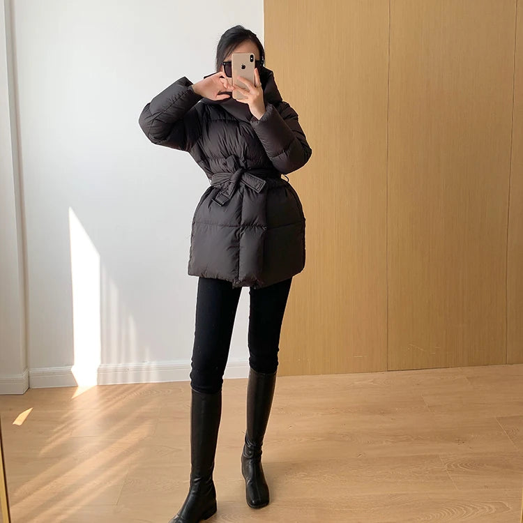 Women's Winter Jackets Ultra Light Warm Puffer Jacket With Belt Plus Size Hooded Female Jacket