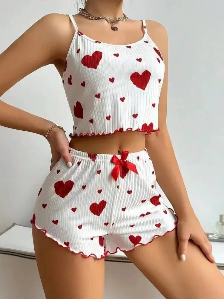 Women's Autumn Winter Sleepwear Pajama Set – Heart Print Sleeveless Cami Top with Long Pants, Comfortable Loungewear Pyjamas