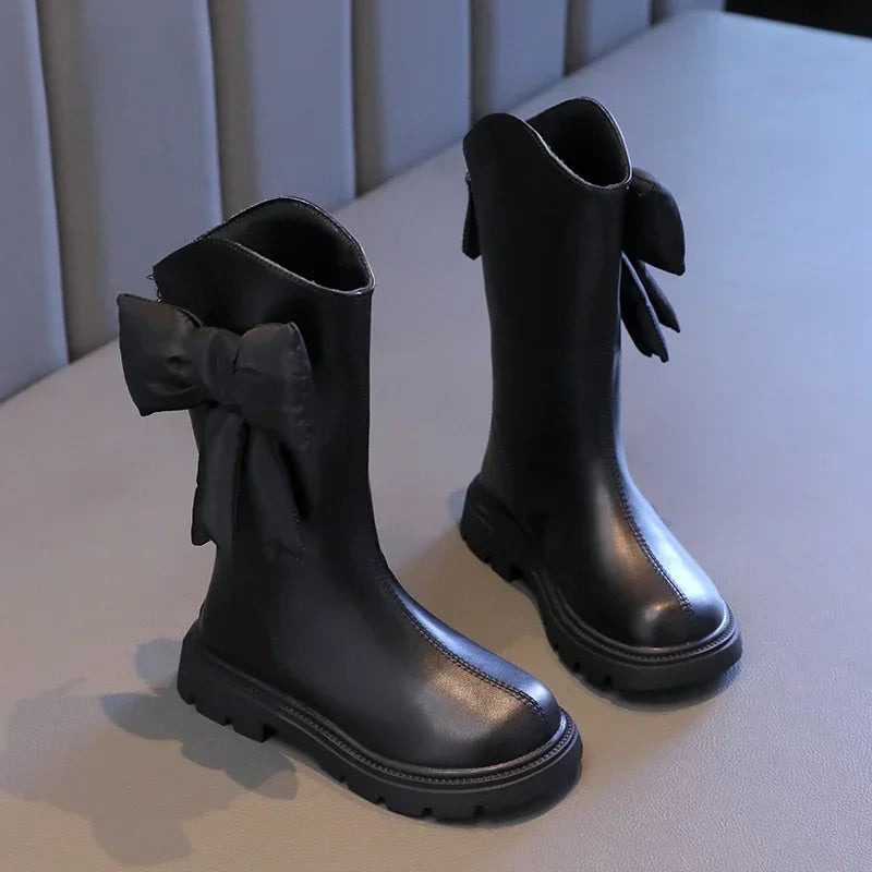 27-37 Girl's Long Boots Black Pu Leather Bowtie Chunky Fashion Children Winter Boot Warm Bowknot Round Toe Knee-high Kids Shoes