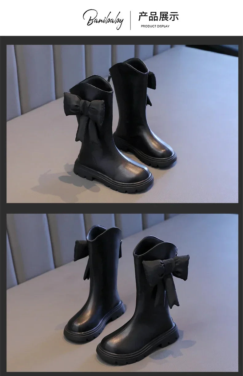 27-37 Girl's Long Boots Black Pu Leather Bowtie Chunky Fashion Children Winter Boot Warm Bowknot Round Toe Knee-high Kids Shoes