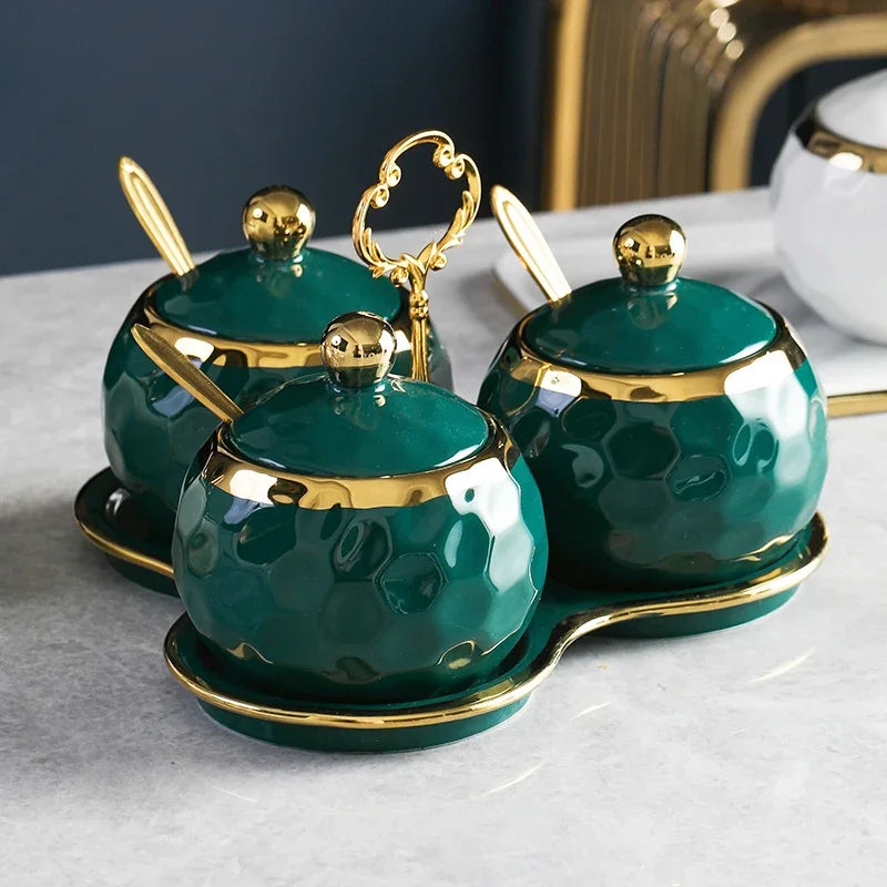 Creative Seasoning Jar Sugar Bowl Green Gold Edge Glass Jar Ceramic Pepper Chili Box Household Seasoning Box Kitchen Supplies