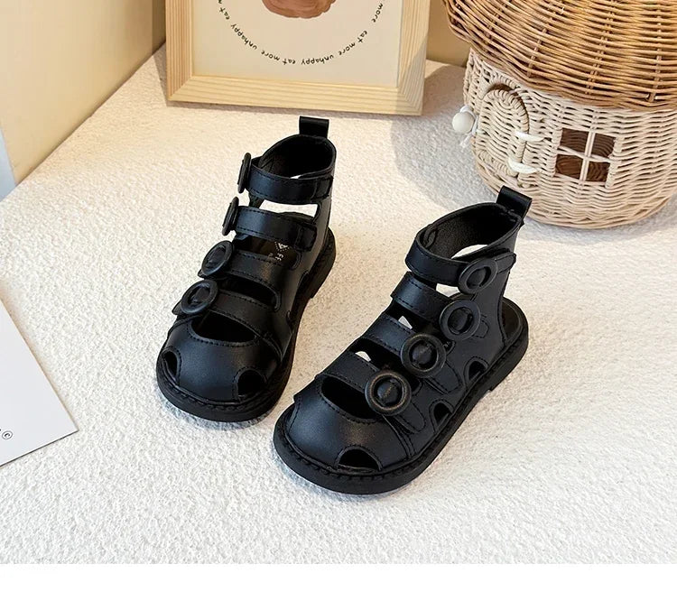 Kids High-Top Beach Shoes – Hollowed-Out Princess Sandals with Hook & Loop Strap | Trendy Summer Solid Color Children’s Sandals