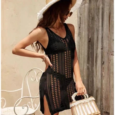 Summer Hollow Out Knitted Beach Cover Up Double Side Slits Women Dress Females Beachwear Round Neck Sleeveless Clothes