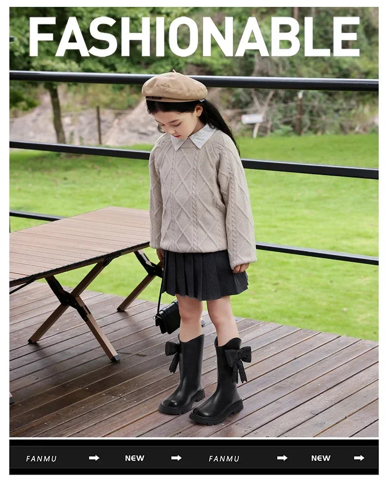 27-37 Girl's Long Boots Black Pu Leather Bowtie Chunky Fashion Children Winter Boot Warm Bowknot Round Toe Knee-high Kids Shoes