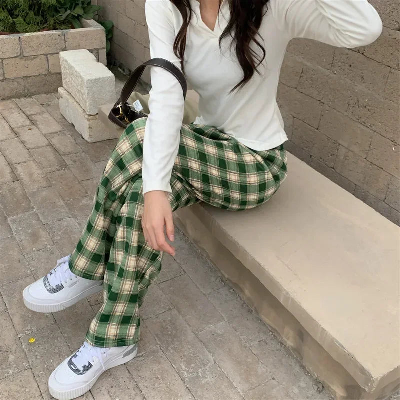 Fashion Warm Plush Pants Cashmere Thick Plaid Ladies Winter Casual Loose Wide-legged Pants Streetwear