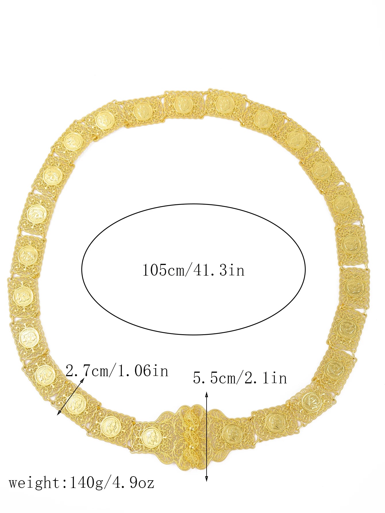 Algerian Coin Hollow out With Gold-Plated Metal Handmade Finely Carved Napoleonic Arabian Bridal Waist Chain Jewelry Belt