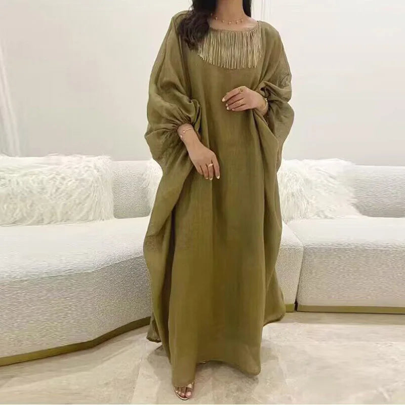 Ethnic Vintage Solid Tassel Cotton Linen Dress for Women – Spring O-neck Loose Long Maxi Dress with Lantern Sleeves – Summer Boho Style.