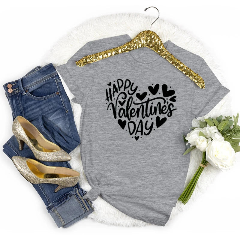 Happy Valentine's Day Crew Neck Short Sleeve T-shirt Women Heart Love Design Fashion Casual Tops Valentines Day Gifts T-shirts