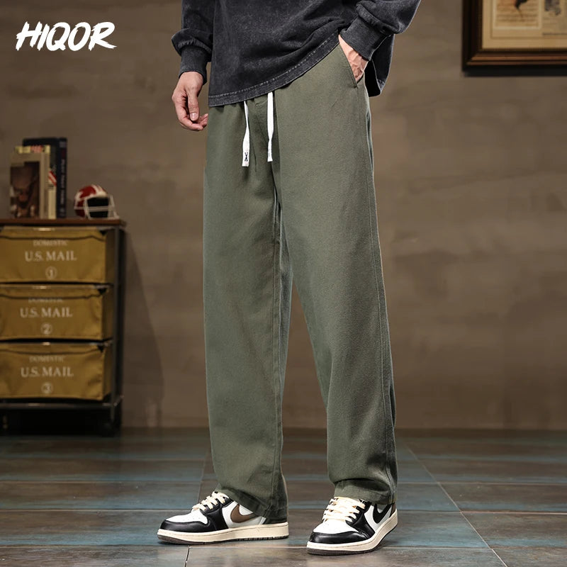 HIQOR Men's Casual Jogger Pants – Loose Straight-Leg Cotton Vintage Cargo Trousers, Solid Color Streetwear