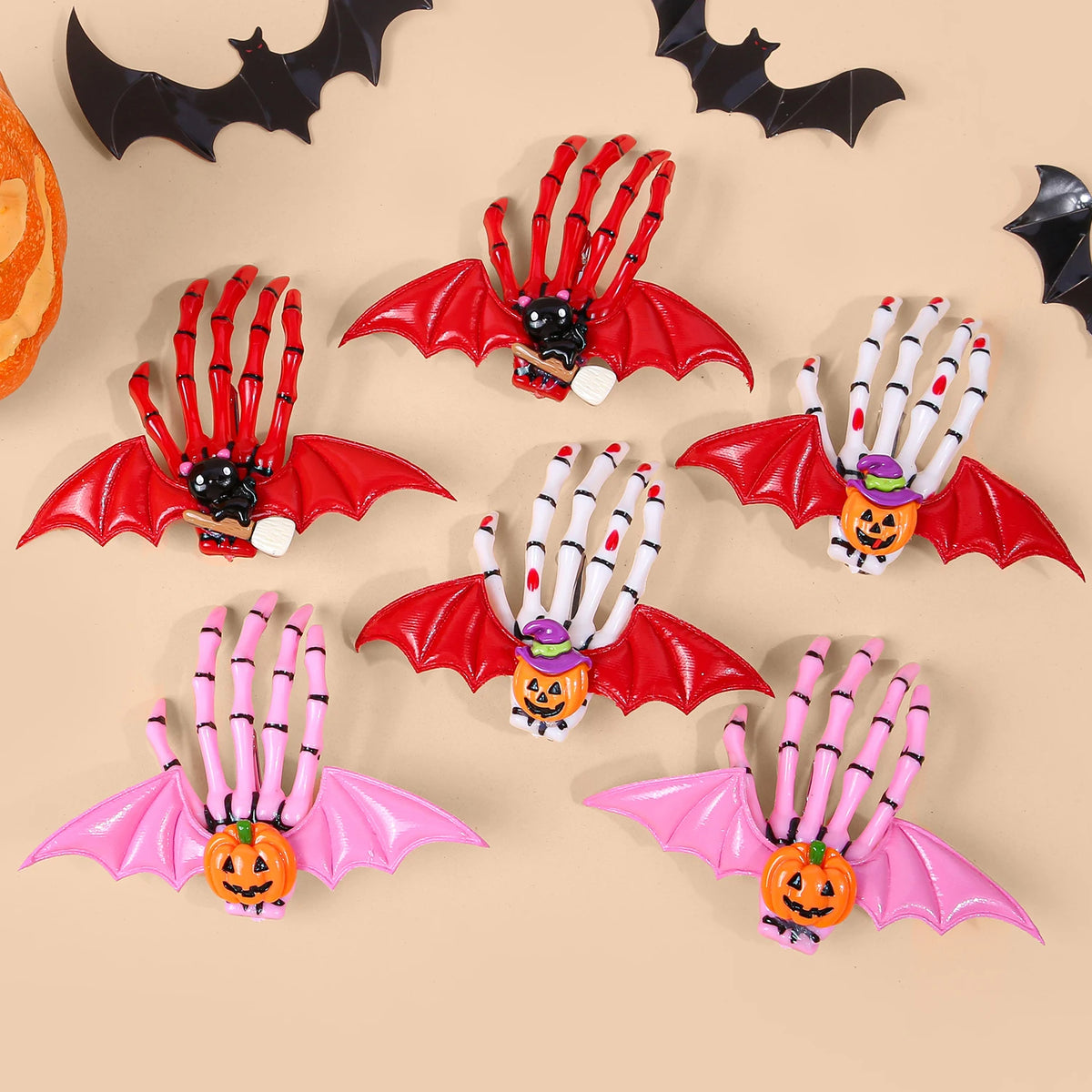 Halloween Skeleton Hand Hair Clips with Bat Wings, Pumpkin and Ghost Details for Gothic Hairstyles, Cosplay Costumes and Themed Parties