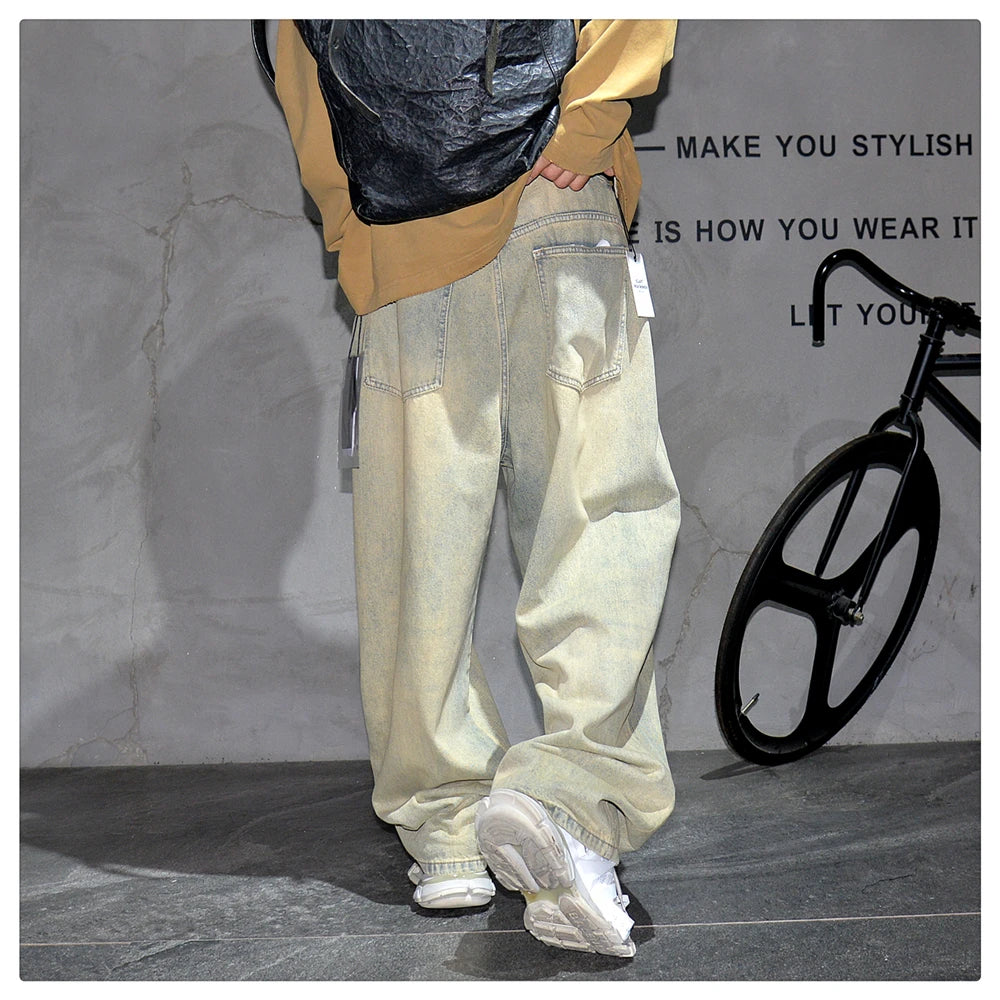 Men's Streetwear Baggy Cargo Jeans – Yellow Mud-Dye Distressed Denim Hip Hop Pants