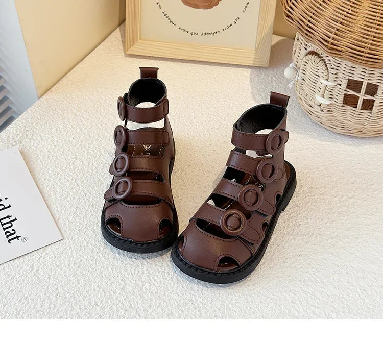 Kids High-Top Beach Shoes – Hollowed-Out Princess Sandals with Hook & Loop Strap | Trendy Summer Solid Color Children’s Sandals