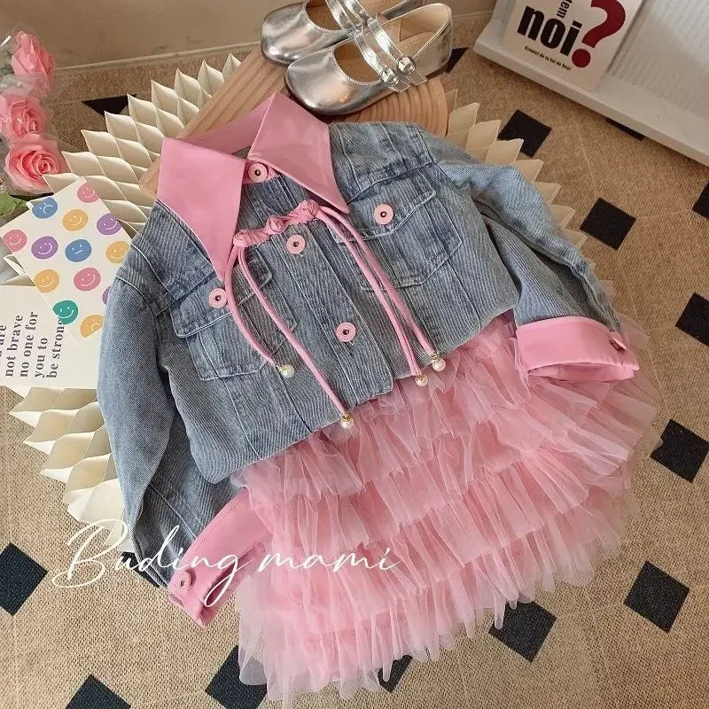 2025 New Fashion Baby Girls Set Infant Toddle Child Denim Jacket+Cake Skirt 2Pcs Suit Pink TuTu Dress Kids Baby Clothes 1-14Y
