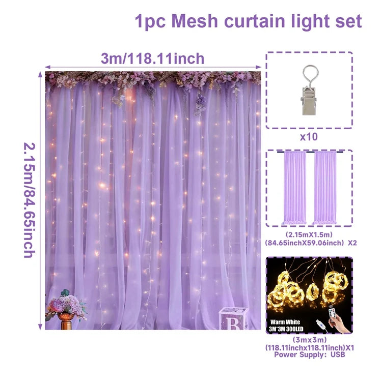 1 Set/2 Pieces Tulle Backdrop Curtains with Lights for Party Wedding Arch Baby Shower Birthday Party Photo Shoot Decorations
