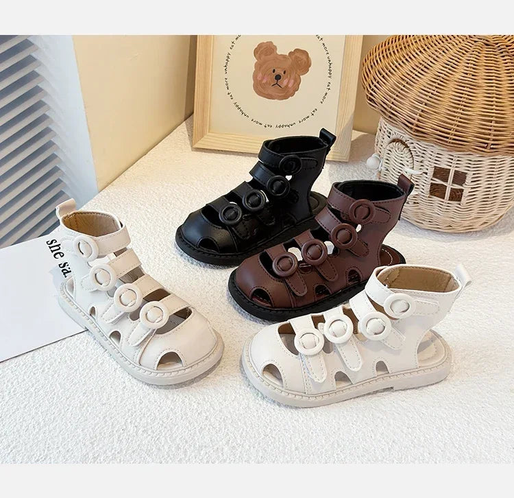 Kids High-Top Beach Shoes – Hollowed-Out Princess Sandals with Hook & Loop Strap | Trendy Summer Solid Color Children’s Sandals
