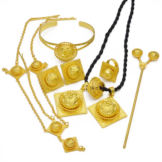 "African Wedding Jewelry Set – Ethiopian Eritrean Necklace, Earrings, Bracelet, Ring, and Hairpin for Women, Bridal or Engagement"
