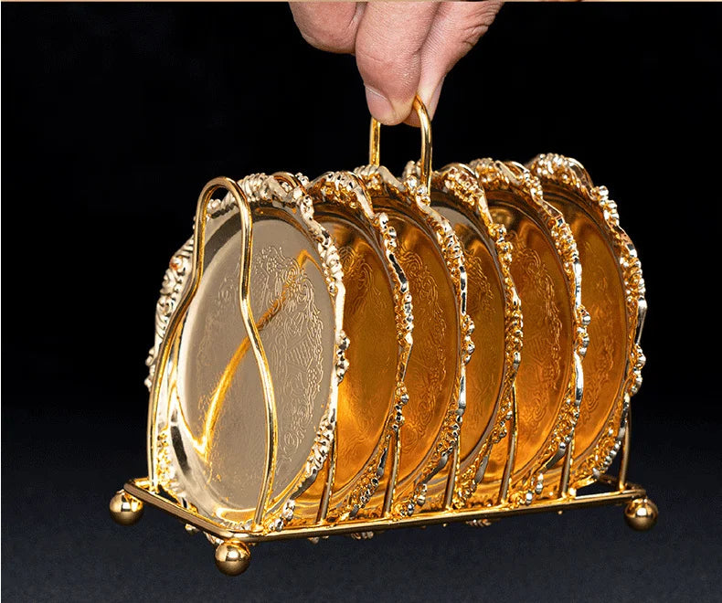 Vintage Golden Cocktail Coaster Metal Exquisite Cake Tray Set Silver Plated Mat Placemat Snack  Dishes Rack Set