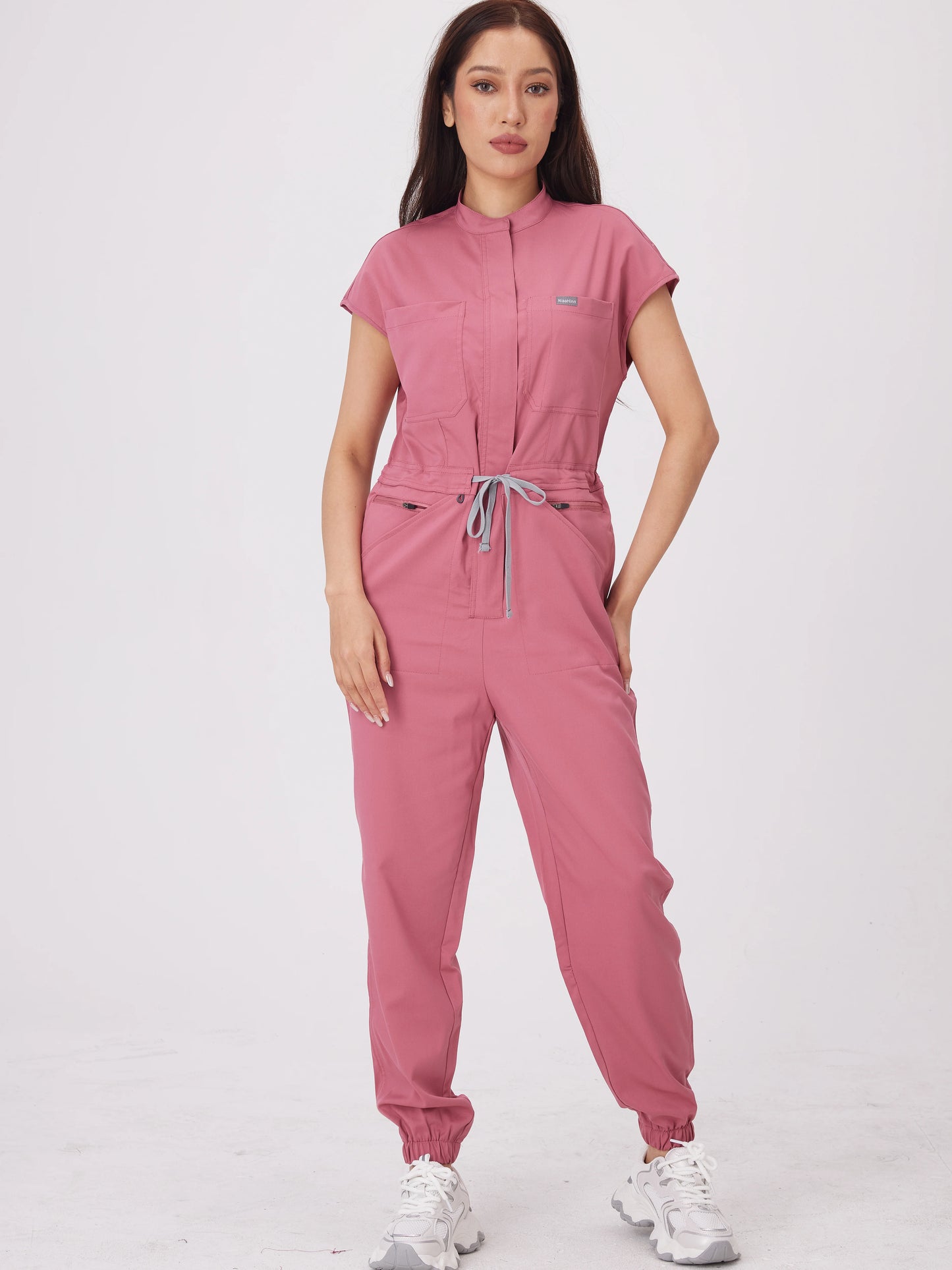 Women's Short Sleeve Medical Scrub Jumpsuit – Hospital Uniform with Pockets
