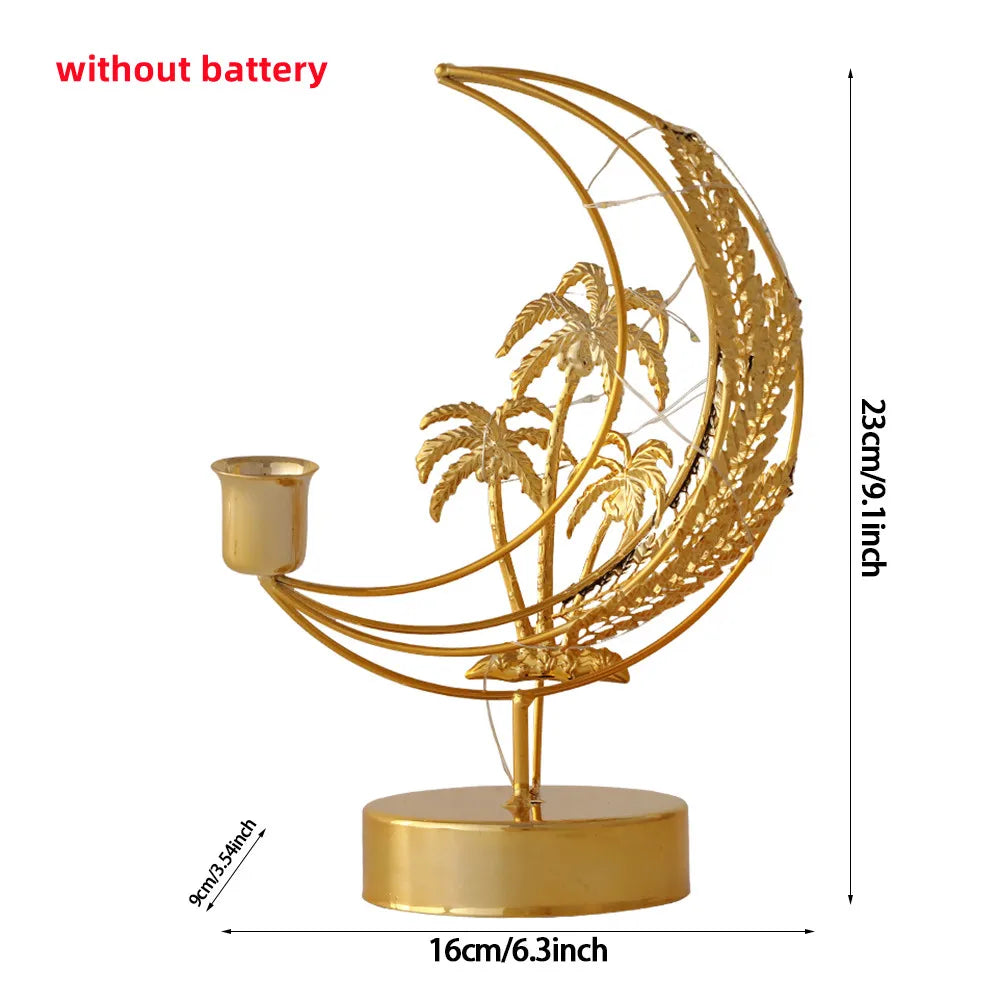 Metal EID Mubarak Light Candlestick Tray Islam Muslim Festival Star Moon Lamp Ornaments Ramadan Party Decorations for Home