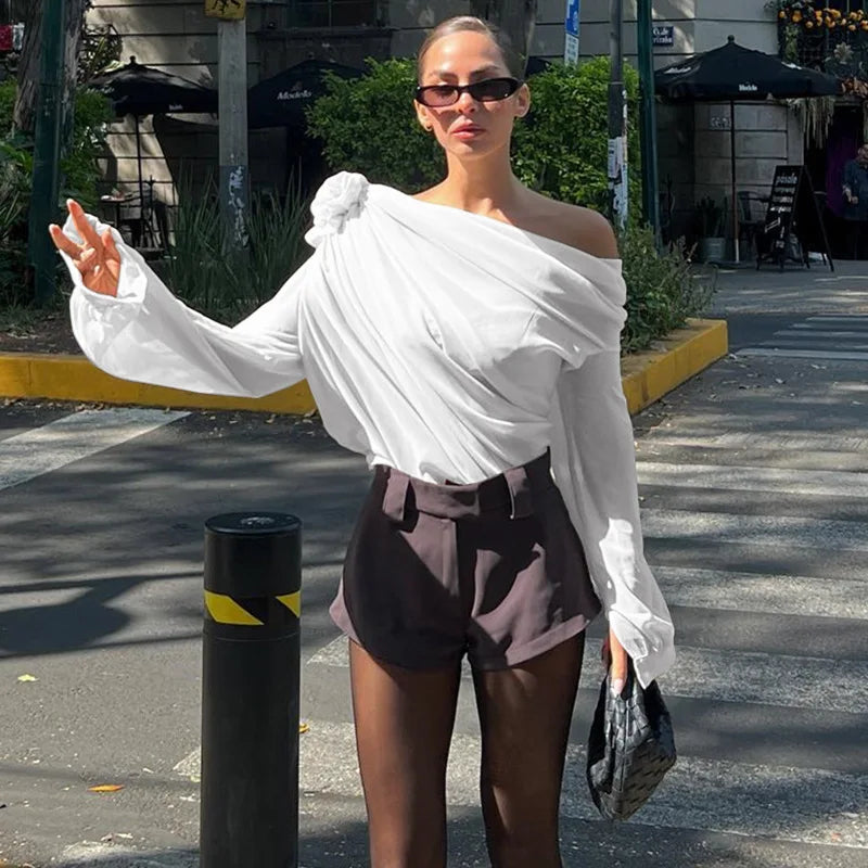 Women Chiffon Blouse Fashion OL One Shoulder Off Long Sleeve Blouse Female T Shirt