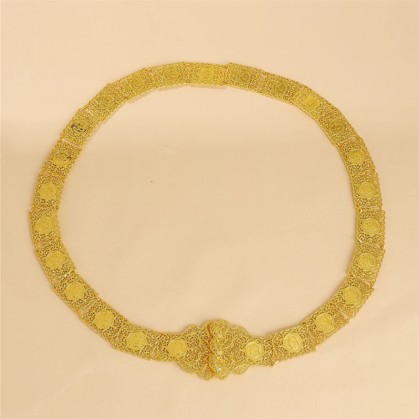 Algerian Coin Hollow out With Gold-Plated Metal Handmade Finely Carved Napoleonic Arabian Bridal Waist Chain Jewelry Belt