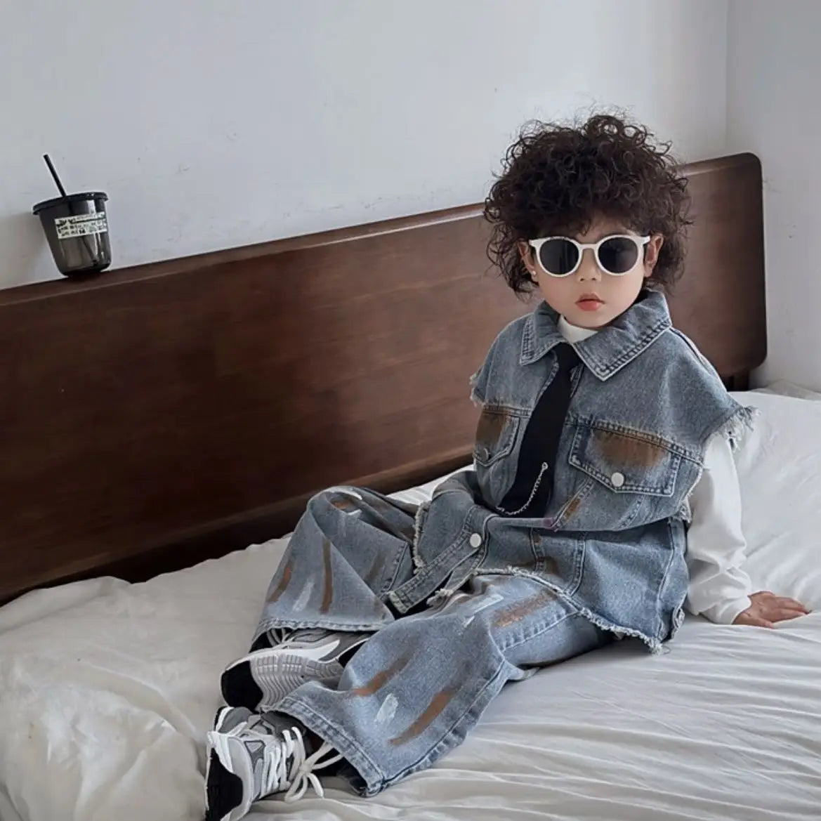 3PCS/Set Boys Vest +Pants + Tie Outfits Kids Suits Cotton 2025 Blue Jean Spring Autumn Cotton Sport Teenagers Children Clothing