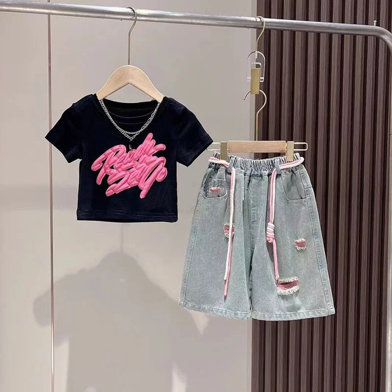 Girls' Summer Outfit – Short-Sleeve T-Shirt & Denim Shorts Set | Ripped Jeans or Wide-Leg Pants Options