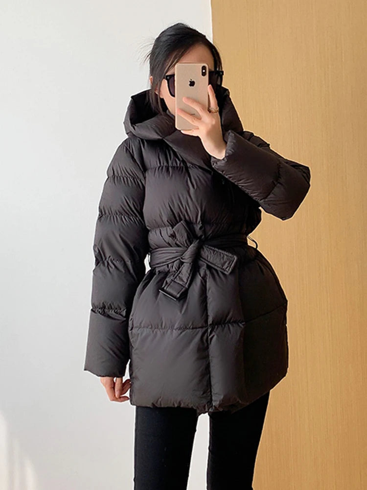 Women's Winter Jackets Ultra Light Warm Puffer Jacket With Belt Plus Size Hooded Female Jacket