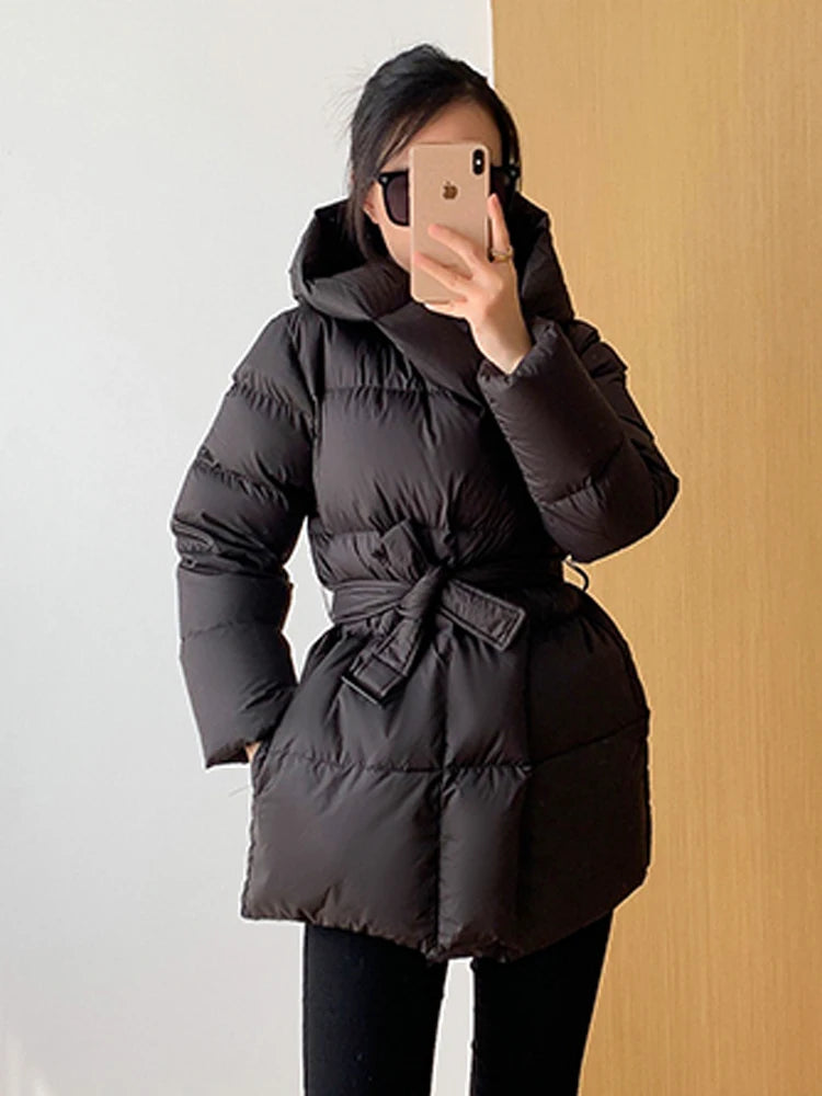 Women's Winter Jackets Ultra Light Warm Puffer Jacket With Belt Plus Size Hooded Female Jacket