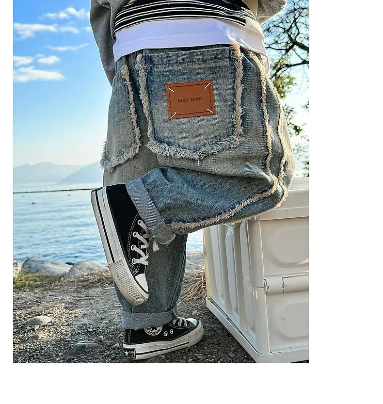 Spring Kids & Teens Streetwear Pants – Boys' Korean-Style Casual Straight-Leg Jeans with Elastic Waist