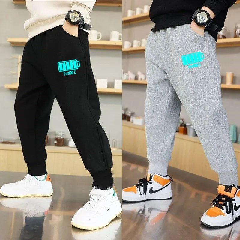 EnerGlow Kids’ Lightning Joggers – Soft Cotton Sports Trousers with Glow-In-The-Dark Print & Handy Side Pockets