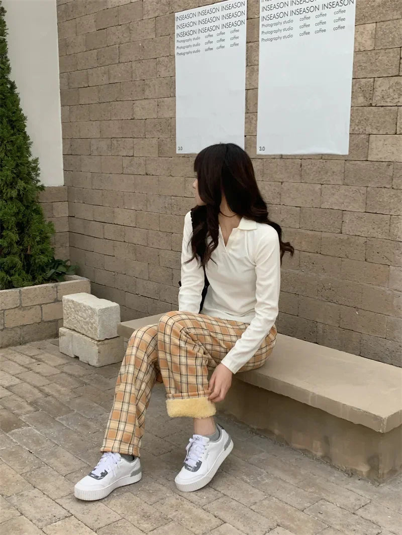 Fashion Warm Plush Pants Cashmere Thick Plaid Ladies Winter Casual Loose Wide-legged Pants Streetwear