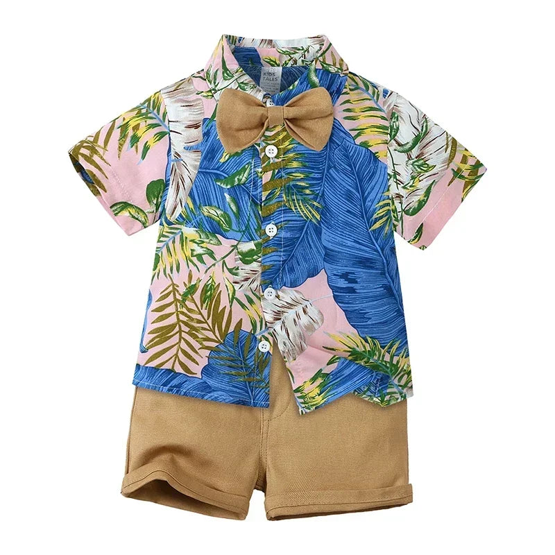 Baby Boys Summer Hawaiian Outfit – Infant & Toddler Gentleman Set with Floral Shirt, Bowtie & Shorts