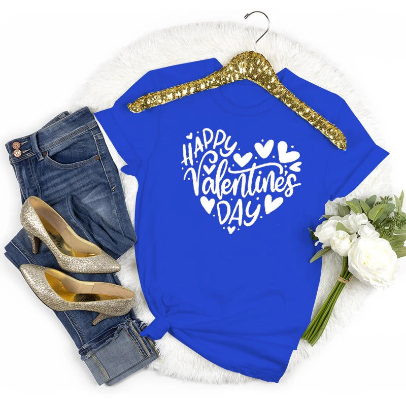 Happy Valentine's Day Crew Neck Short Sleeve T-shirt Women Heart Love Design Fashion Casual Tops Valentines Day Gifts T-shirts