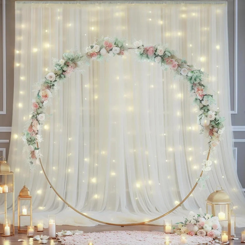 1 Set/2 Pieces Tulle Backdrop Curtains with Lights for Party Wedding Arch Baby Shower Birthday Party Photo Shoot Decorations