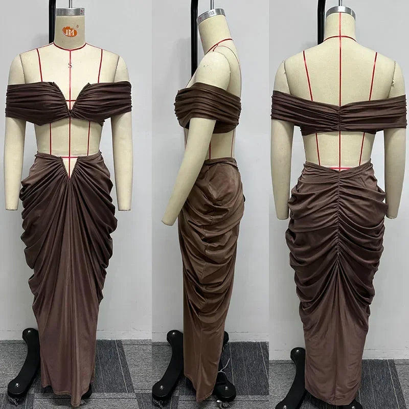 Party Night Ruched Maxi Dress Sets for Women Two Piece Set Sexy Club Outfits Slash Neck Crop Top + Long Skirt Matching Sets