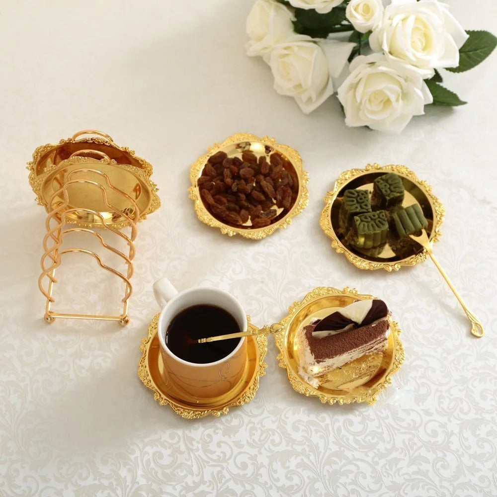 Vintage Golden Cocktail Coaster Metal Exquisite Cake Tray Set Silver Plated Mat Placemat Snack  Dishes Rack Set