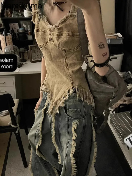 Vintage Denim Vest for Women – Y2K Streetwear Sleeveless Tunic with Tassels, Irregular Hem Casual Summer Tank Top