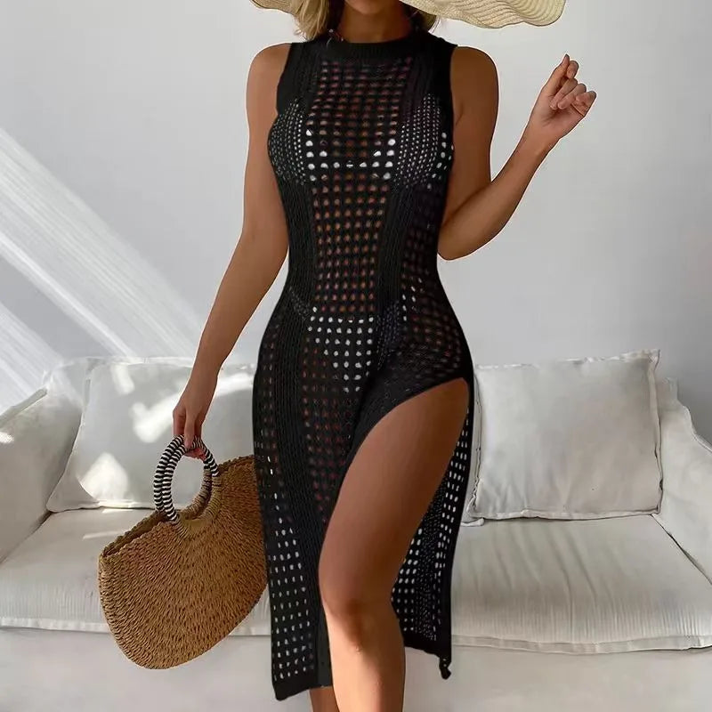 Summer Hollow Out Knitted Beach Cover Up Double Side Slits Women Dress Females Beachwear Round Neck Sleeveless Clothes
