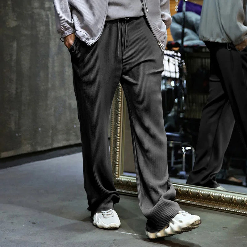 Men's Casual High-Waist Wide-Leg Pants – Loose Fit, Striped, Straight-Leg, Spring & Autumn Style