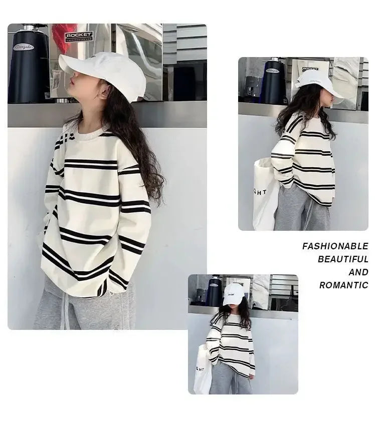 MINISO Simple Kids' Clothing Set for Girls - 2-Piece Outfit, Long Sleeve Striped Top + Loose Pants, for Teen Girls Ages 6-14