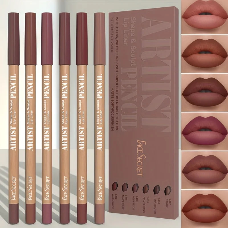Velvet Matte Lip Liner Pencil Set (6-Piece), Long-Lasting, Smooth Lip Definition